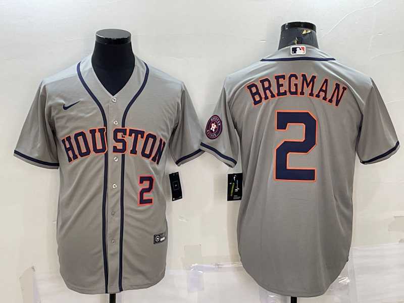 Mens Houston Astros #2 Alex Bregman Number Grey With Patch Stitched MLB Cool Base Nike Jersey